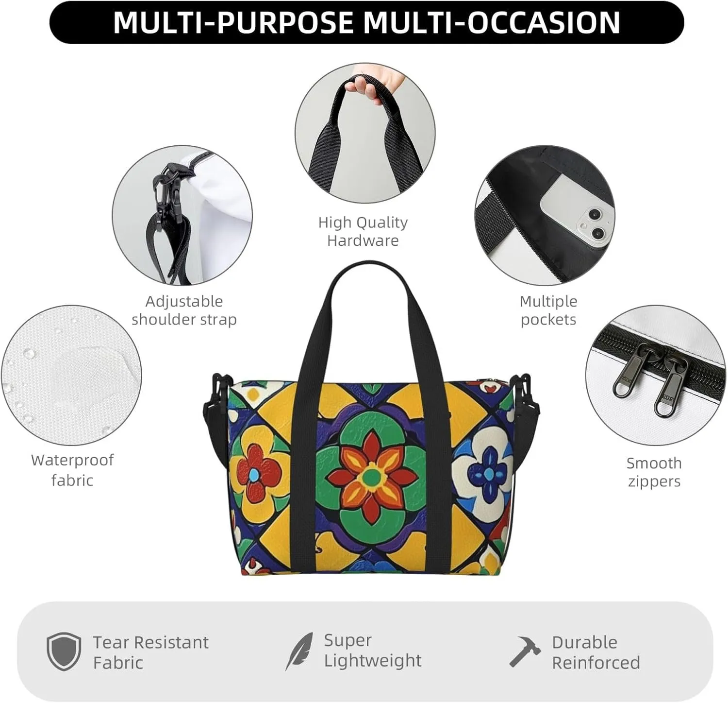 Travel Duffle Bag Ethnic Flower Tile Pattern Weekender Overnight Bags Luggage Bag for Women Men Waterproof Sports Gym Bag Hand Bag with Shoulder Strap