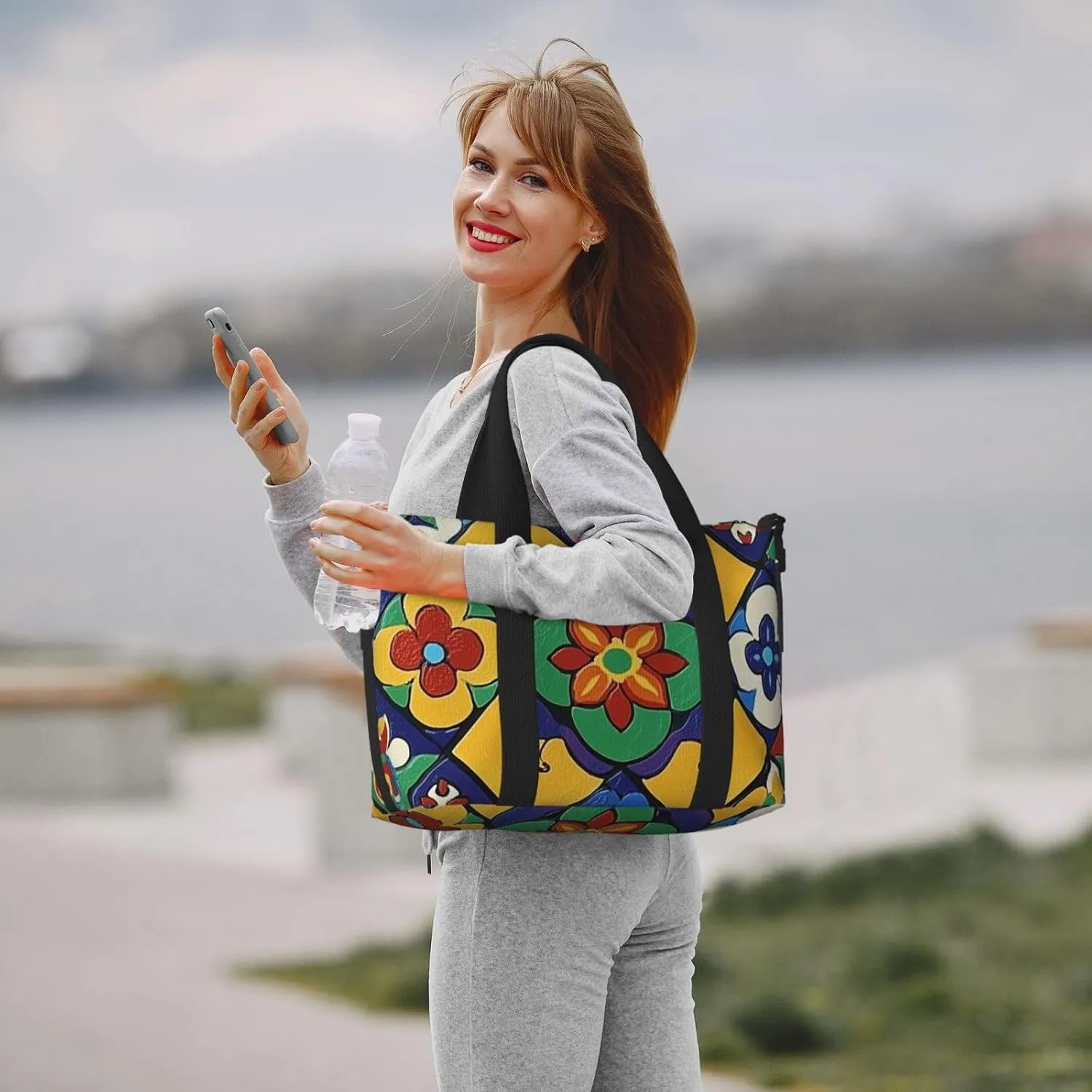 Travel Duffle Bag Ethnic Flower Tile Pattern Weekender Overnight Bags Luggage Bag for Women Men Waterproof Sports Gym Bag Hand Bag with Shoulder Strap