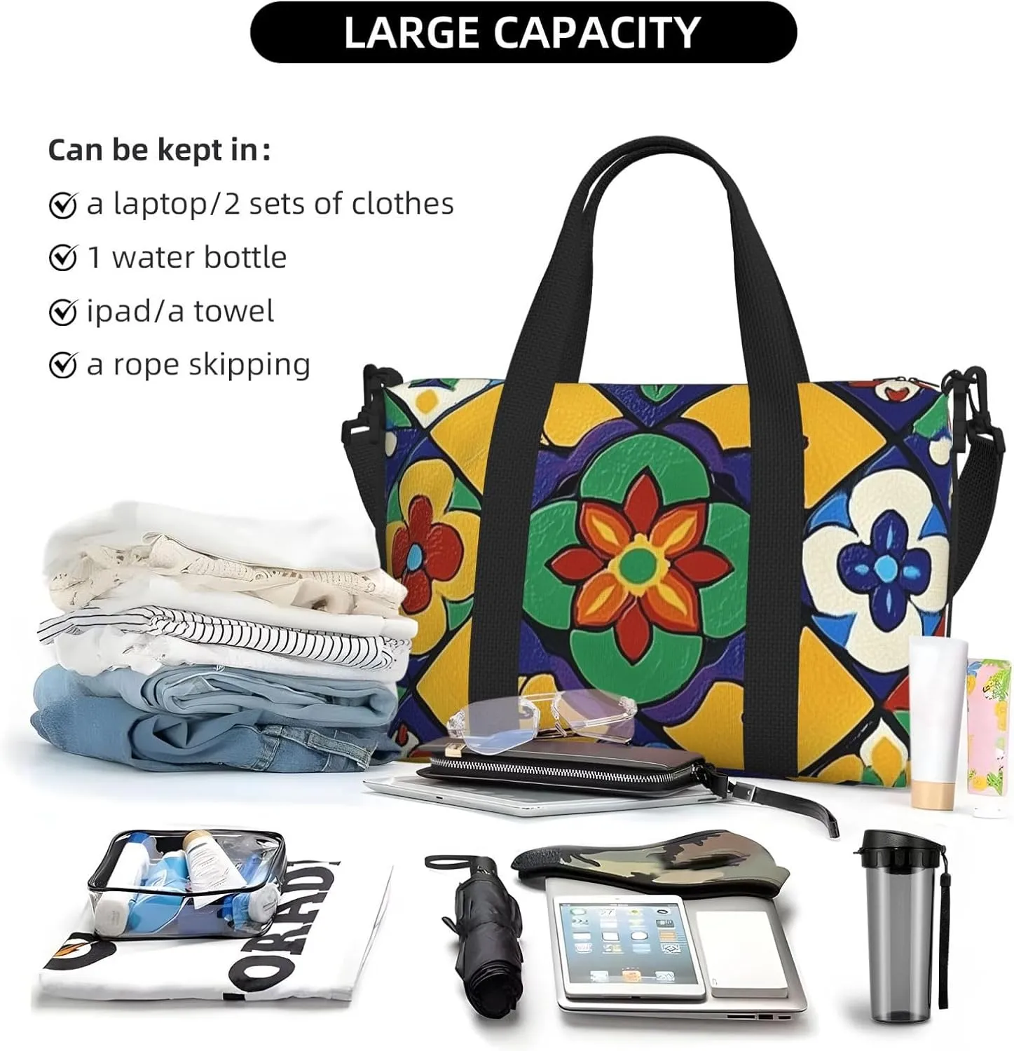Travel Duffle Bag Ethnic Flower Tile Pattern Weekender Overnight Bags Luggage Bag for Women Men Waterproof Sports Gym Bag Hand Bag with Shoulder Strap