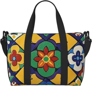 Travel Duffle Bag Ethnic Flower Tile Pattern Weekender Overnight Bags Luggage Bag for Women Men Waterproof Sports Gym Bag Hand Bag with Shoulder Strap