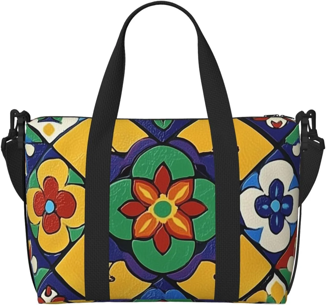 Travel Duffle Bag Ethnic Flower Tile Pattern Weekender Overnight Bags Luggage Bag for Women Men Waterproof Sports Gym Bag Hand Bag with Shoulder Strap