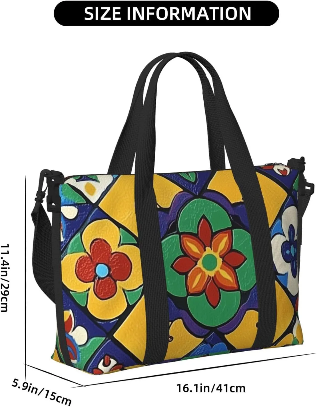 Travel Duffle Bag Ethnic Flower Tile Pattern Weekender Overnight Bags Luggage Bag for Women Men Waterproof Sports Gym Bag Hand Bag with Shoulder Strap