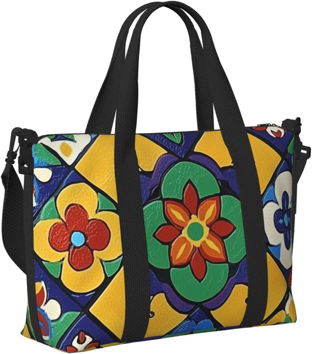 Travel Duffle Bag Ethnic Flower Tile Pattern Weekender Overnight Bags Luggage Bag for Women Men Waterproof Sports Gym Bag Hand Bag with Shoulder Strap