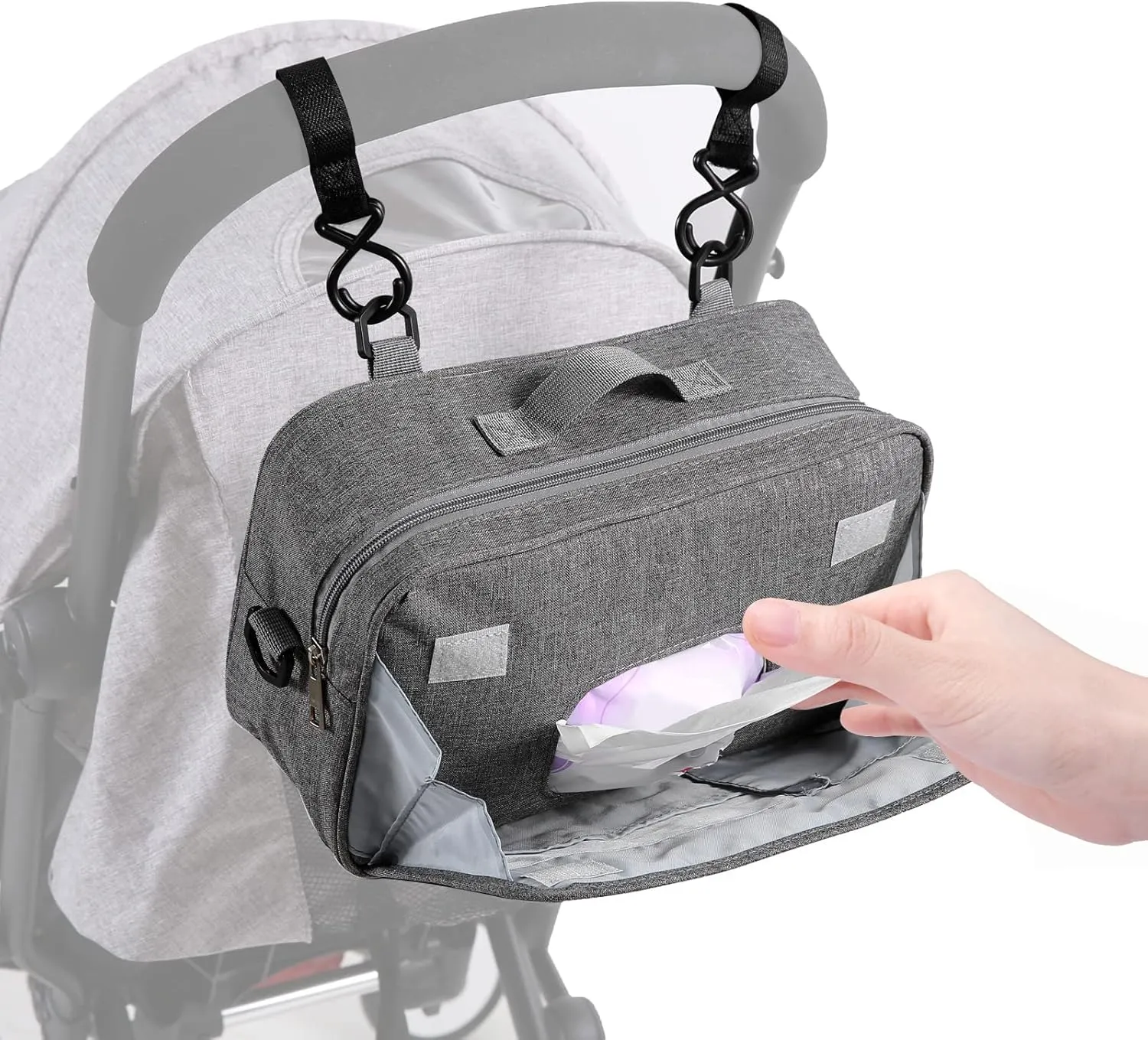TRENDPLAY Small Diaper Bag Stroller Bag Diaper Organizer Caddy for Diapers with Insulated Pocket, Stroller Straps and Adjustable Shoulder Strap,Universal Fit Most Strollers, Gray