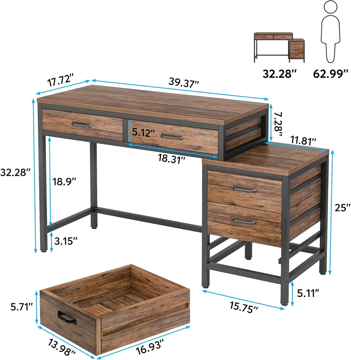 Tribesigns Computer Desk with 5 Drawers, Home Office Desks with Reversible Drawer Cabinet Printer Stand, Industrial PC Desk with Storage, Rustic Study Writing Table Workstation for Small Spaces