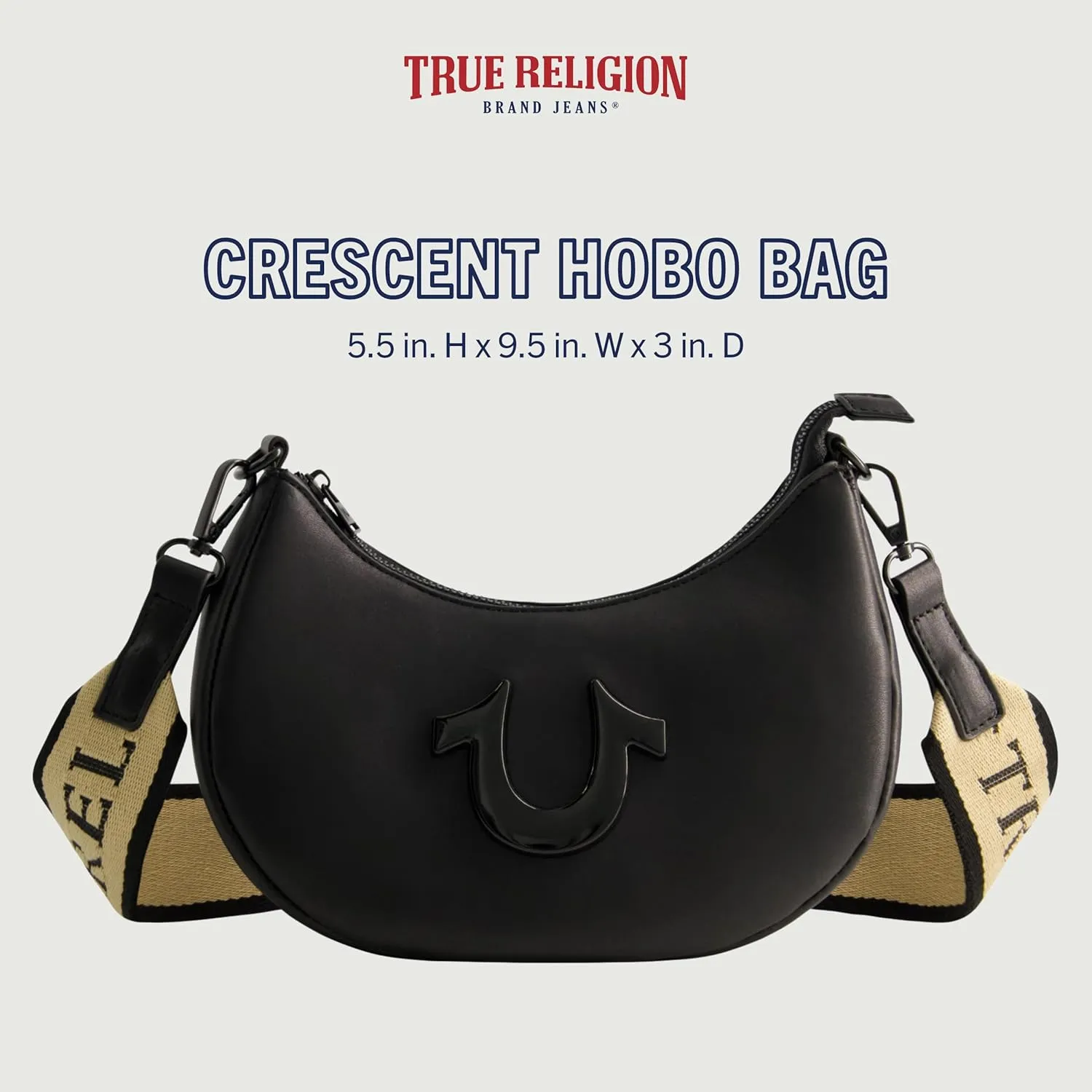 True Religion Women's Shoulder Bag Purse, Crescent Hobo Handbag with Adjustable Removable Strap and Horseshoe Logo