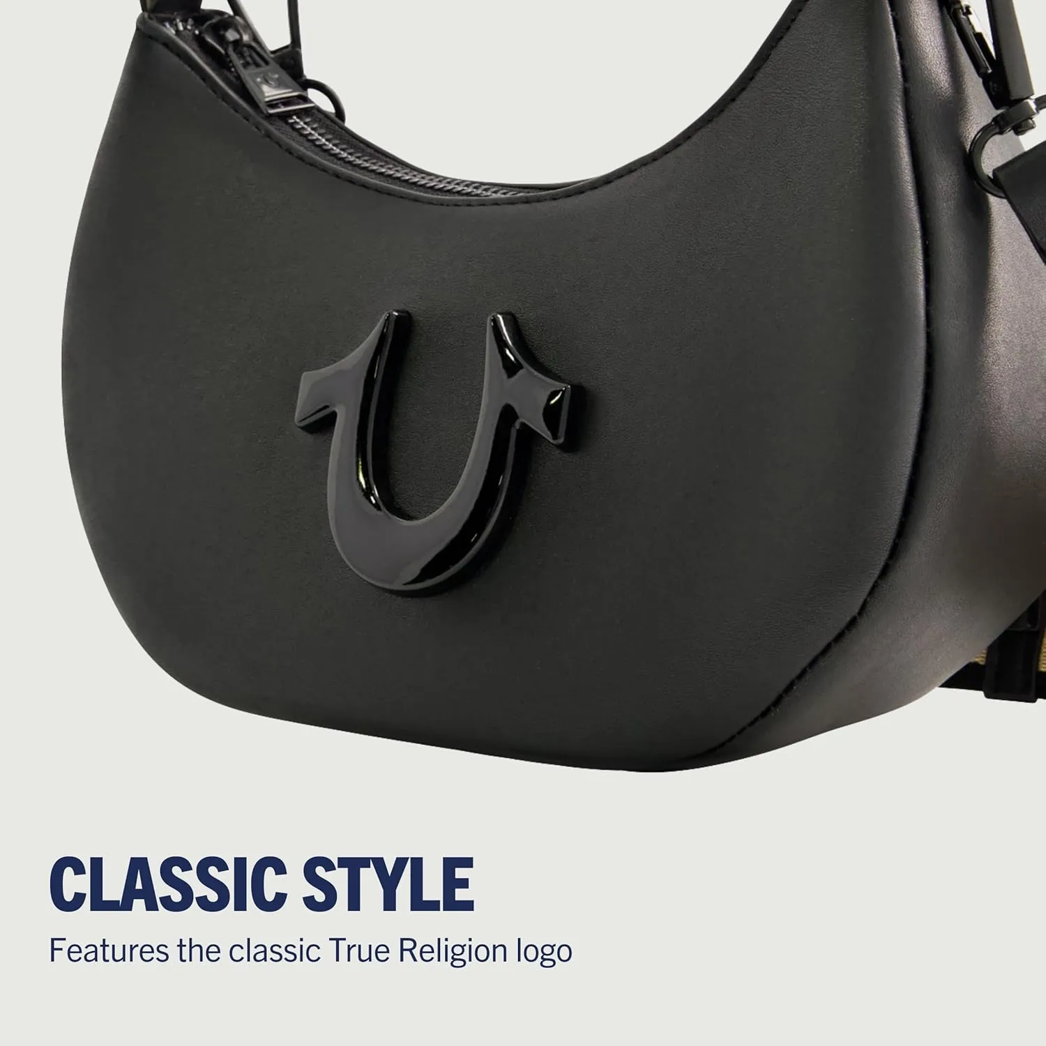 True Religion Women's Shoulder Bag Purse, Crescent Hobo Handbag with Adjustable Removable Strap and Horseshoe Logo