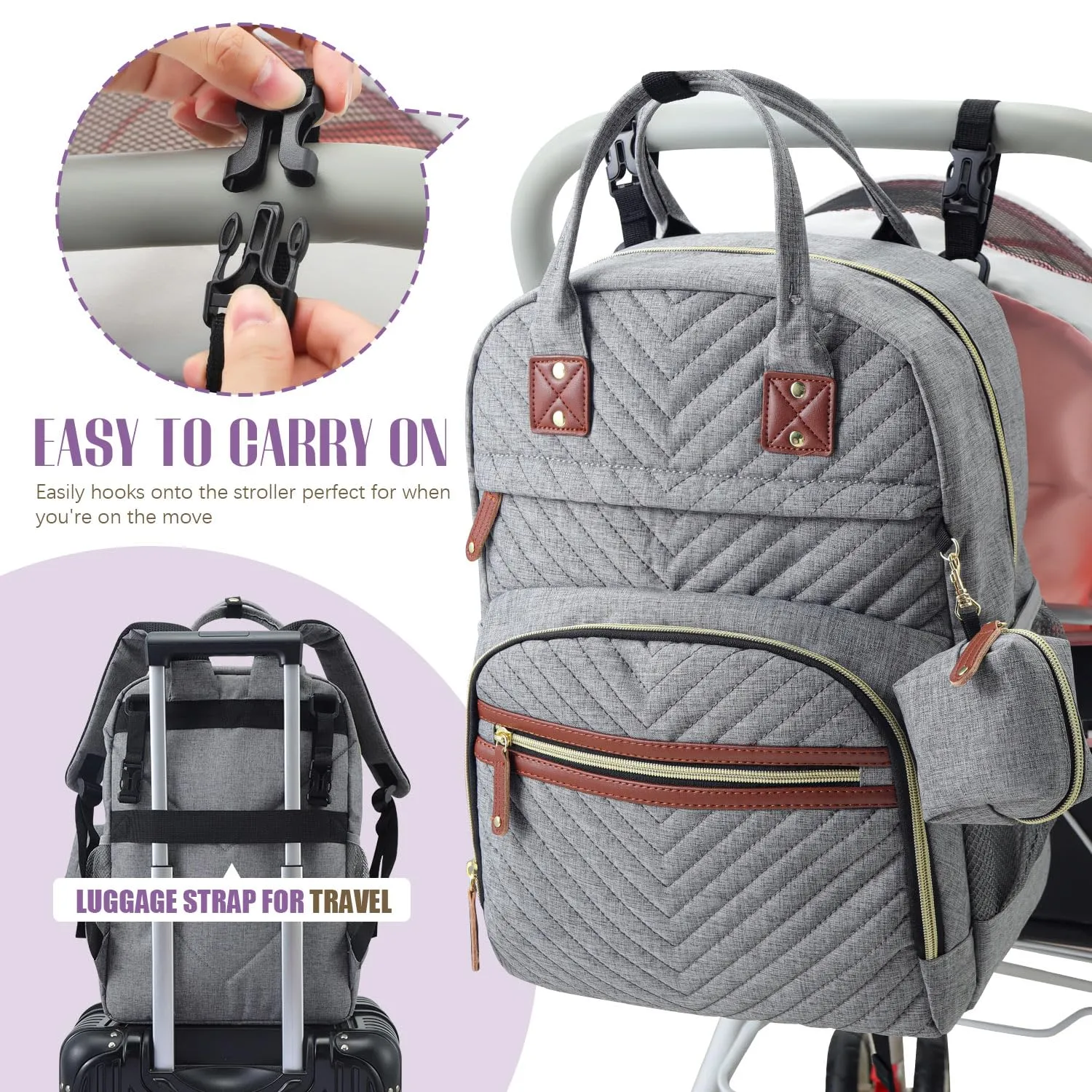 Tuwubi Diaper Bag Backpack, Baby Essentials Travel Tote Bag, Multi function Waterproof Backpacks, Travel Essentials with Stroller Straps & Pacifier Case - Grey