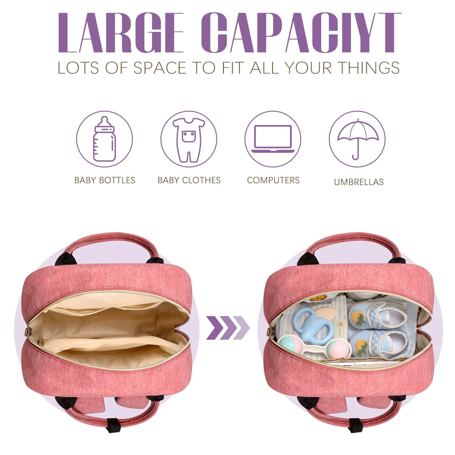 Tuwubi Diaper Bag Backpack, Baby Essentials Travel Tote Bag, Multi function Waterproof Backpacks, Travel Essentials with Stroller Straps & Pacifier Case - Pink