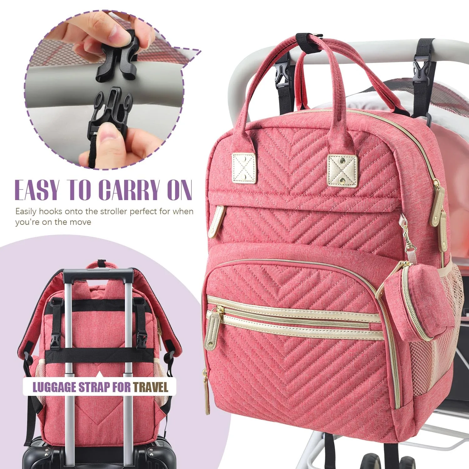 Tuwubi Diaper Bag Backpack, Baby Essentials Travel Tote Bag, Multi function Waterproof Backpacks, Travel Essentials with Stroller Straps & Pacifier Case - Pink