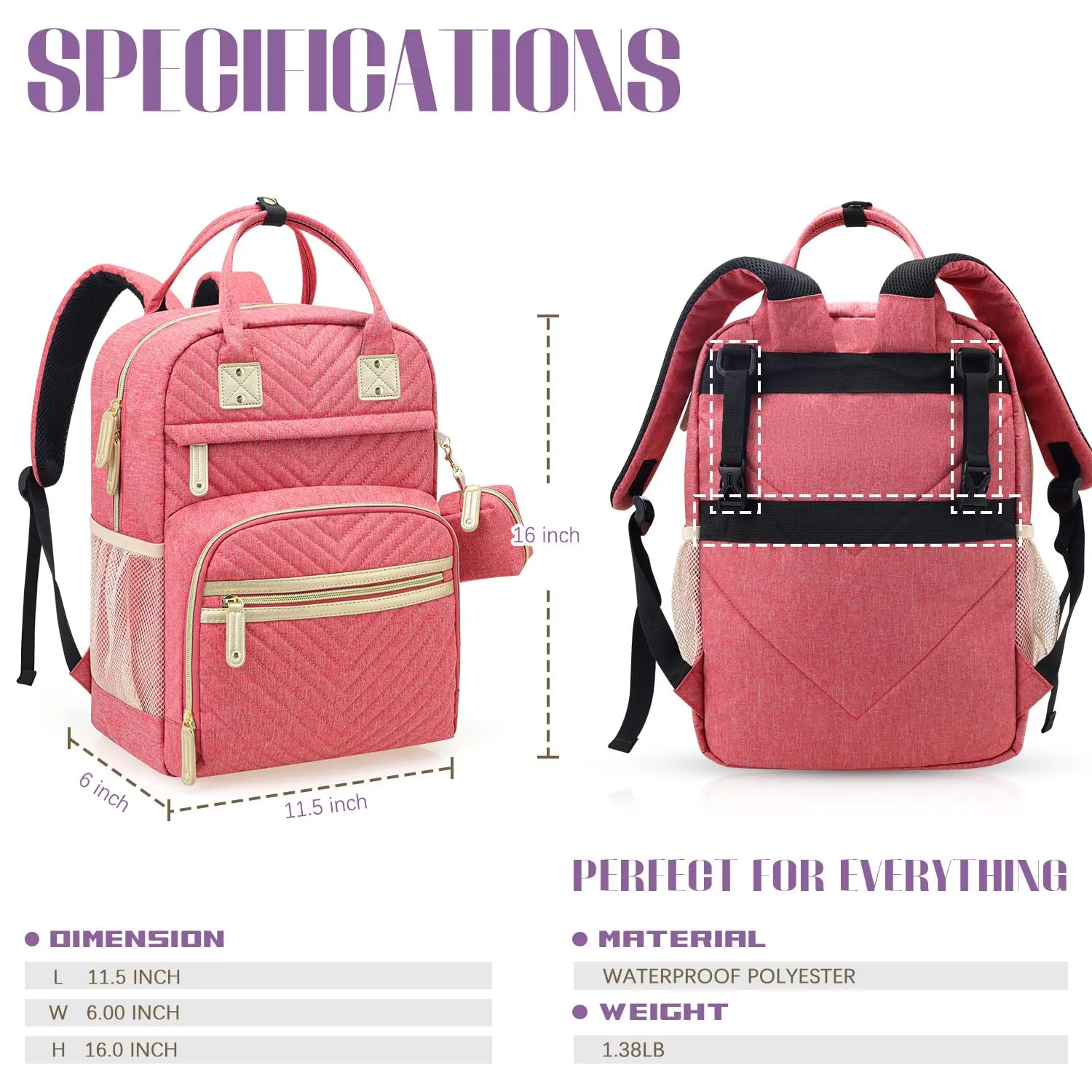 Tuwubi Diaper Bag Backpack, Baby Essentials Travel Tote Bag, Multi function Waterproof Backpacks, Travel Essentials with Stroller Straps & Pacifier Case - Pink