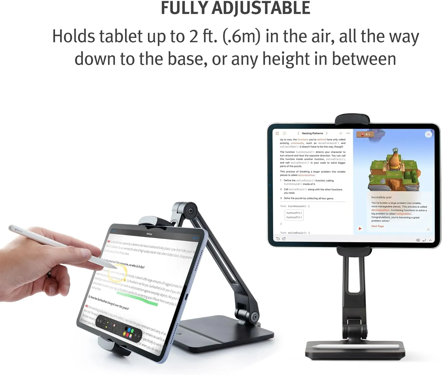 Twelve South HoverBar Duo iPad Stand (2nd Gen) - Adjustable Tablet Stand for Desk with Weighted Base & Clamp Attachment for Mounting, Tablet Holder, Foldable Tablet Desk Stand, Fits All iPads, Black
