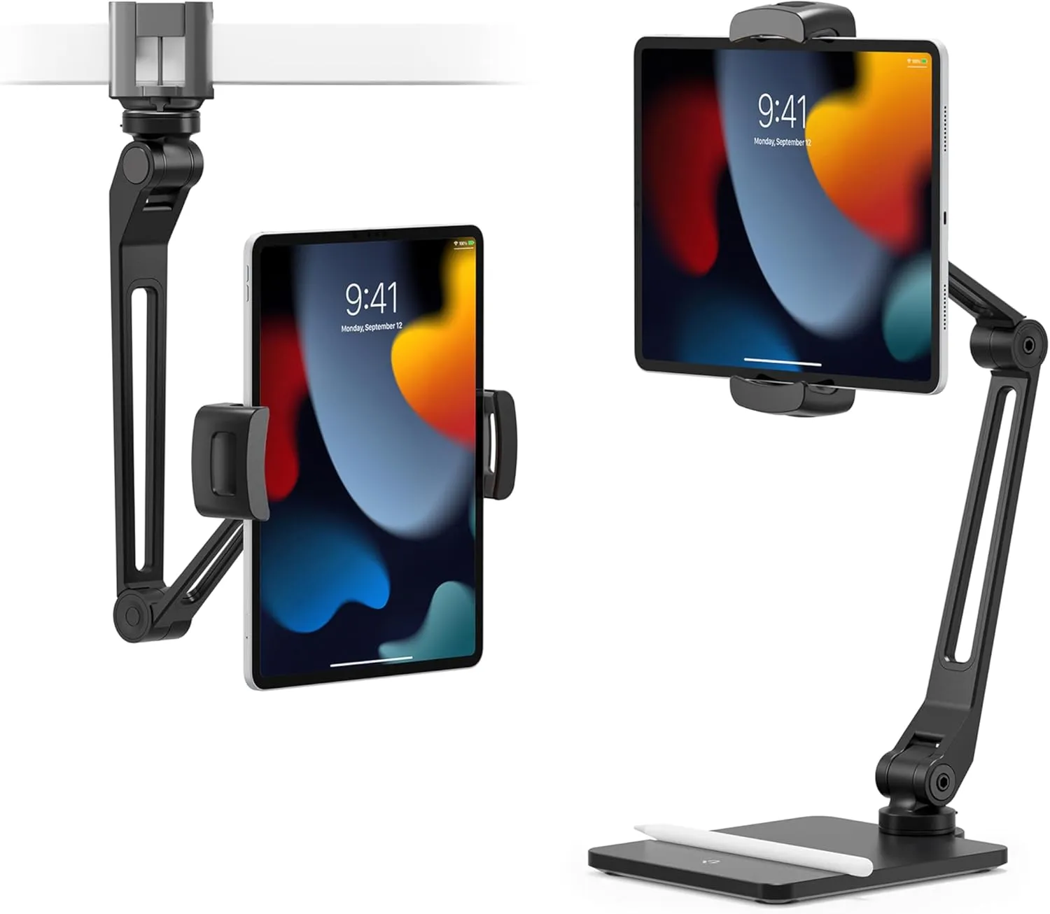 Twelve South HoverBar Duo iPad Stand (2nd Gen) - Adjustable Tablet Stand for Desk with Weighted Base & Clamp Attachment for Mounting, Tablet Holder, Foldable Tablet Desk Stand, Fits All iPads, Black