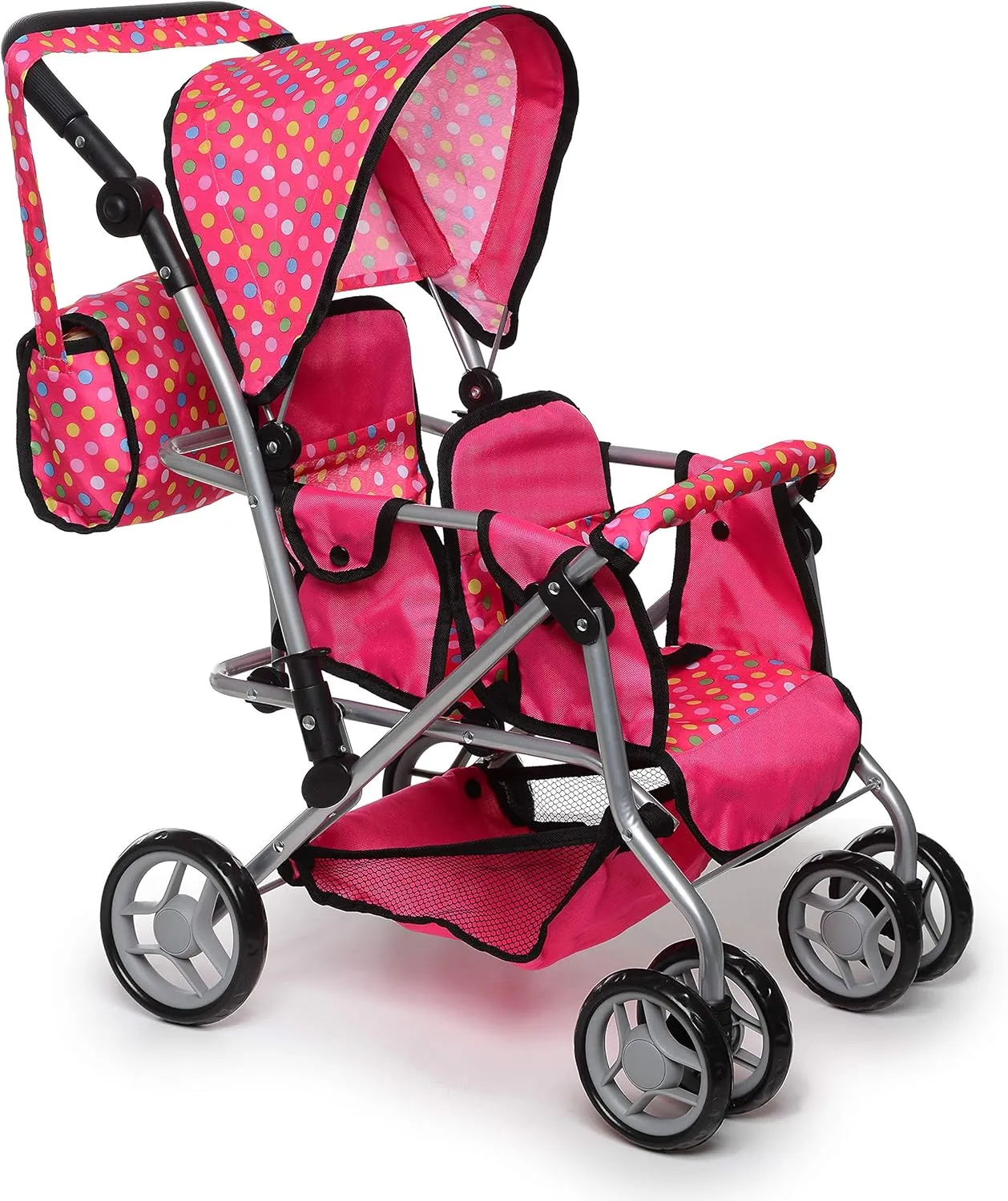 Twin Doll Stroller with Diaper Bag and Swivel Wheels & Adjustable Handle - Pink & Polka Dot Design