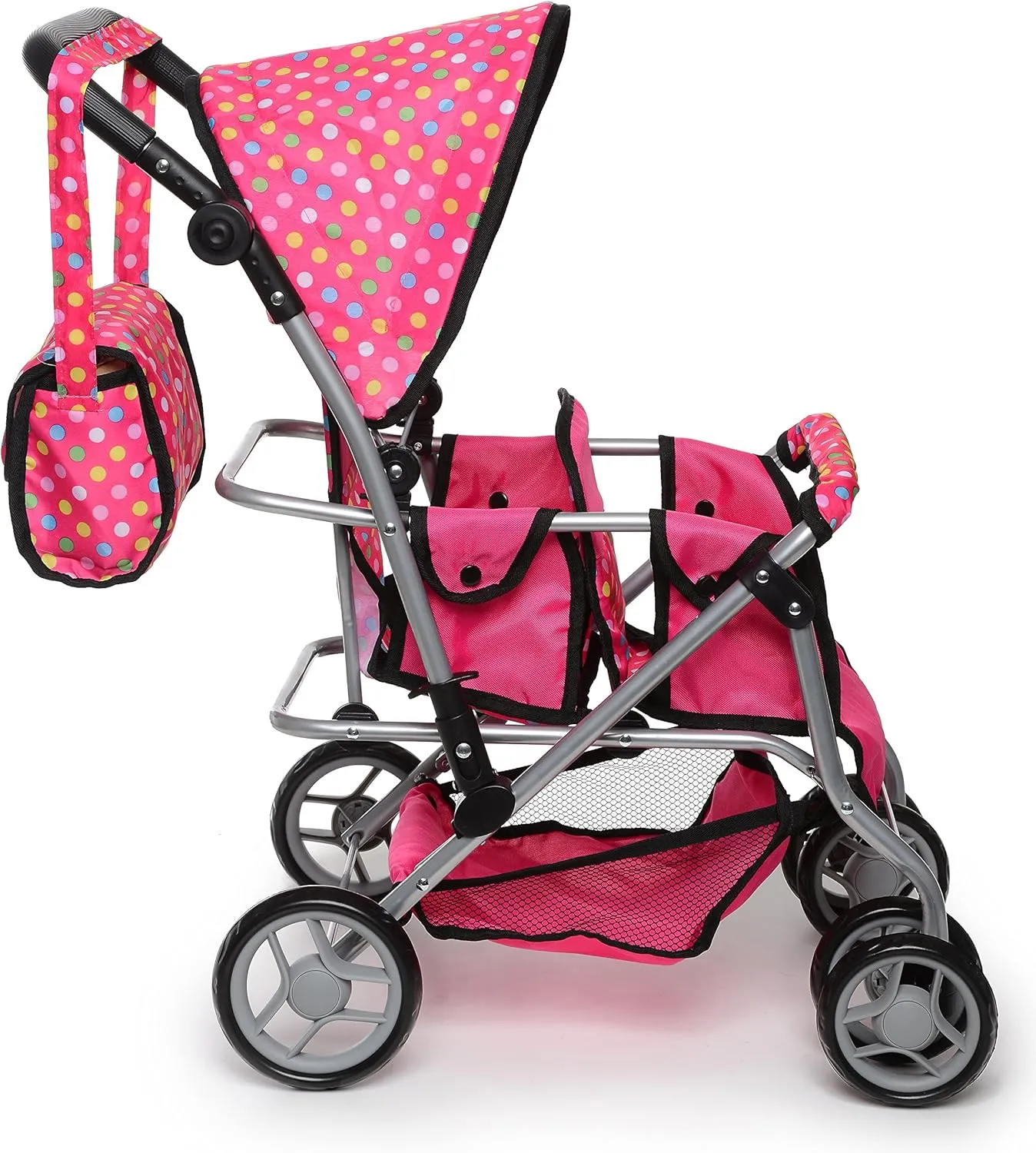 Twin Doll Stroller with Diaper Bag and Swivel Wheels & Adjustable Handle - Pink & Polka Dot Design