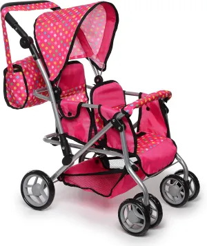 Twin Doll Stroller with Diaper Bag and Swivel Wheels & Adjustable Handle - Pink & Polka Dot Design