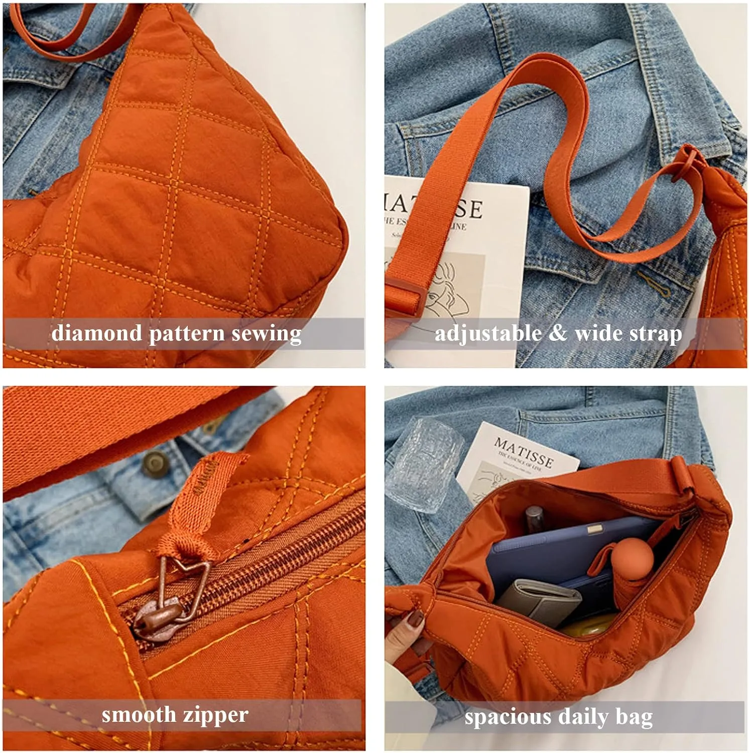 UERRUAM Puffer Tote Bag for Women Quilted Crossbody Bag Crescent Nylon Shoulder Bag Hobo Bag with Zipper