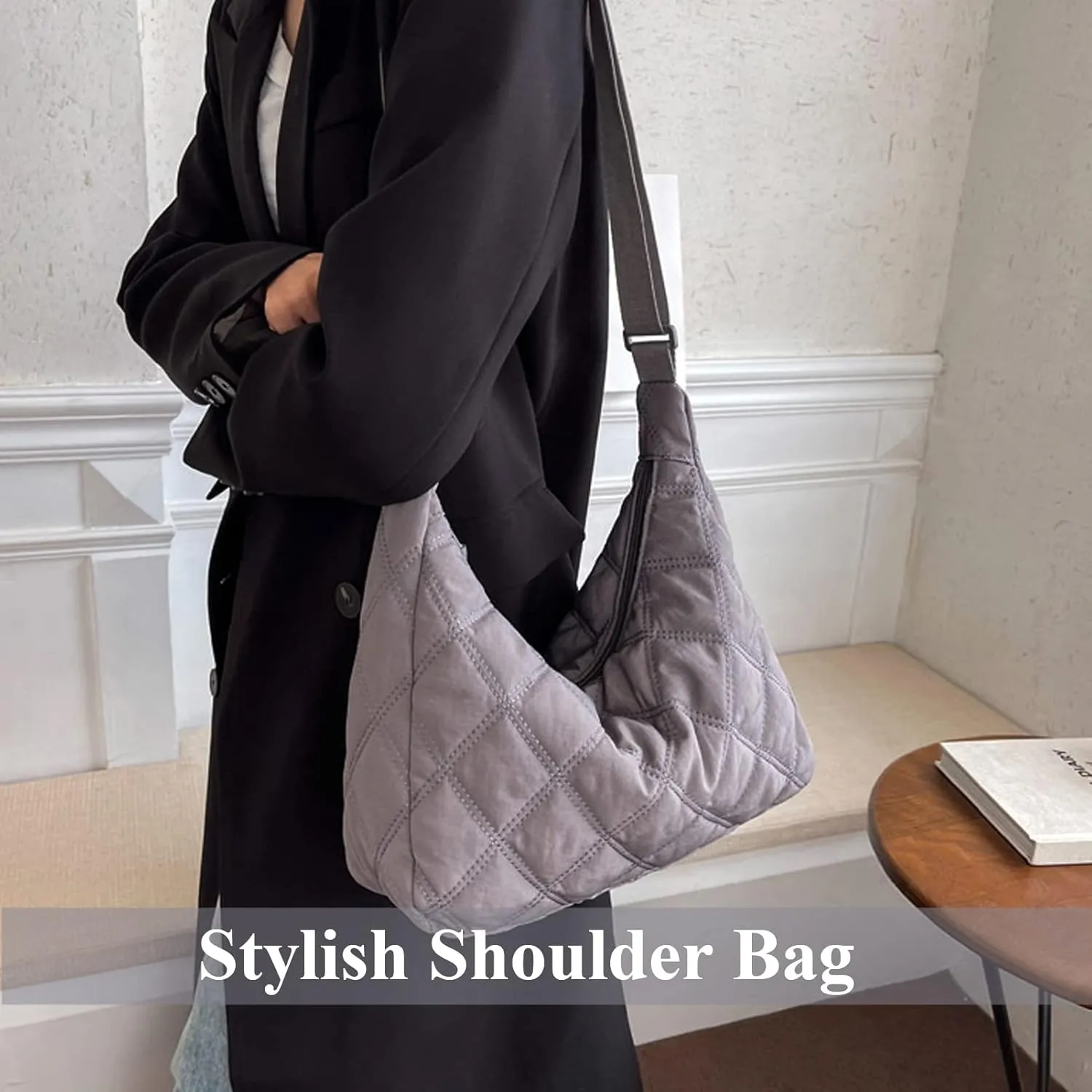 UERRUAM Puffer Tote Bag for Women Quilted Crossbody Bag Crescent Nylon Shoulder Bag Hobo Bag with Zipper