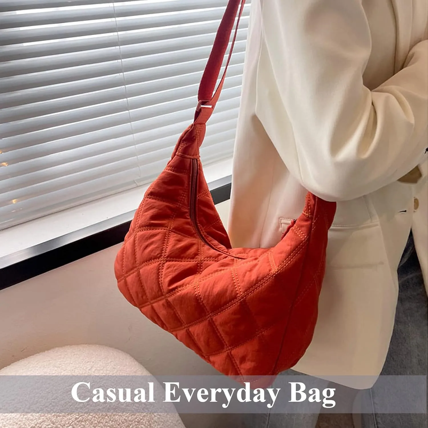 UERRUAM Puffer Tote Bag for Women Quilted Crossbody Bag Crescent Nylon Shoulder Bag Hobo Bag with Zipper