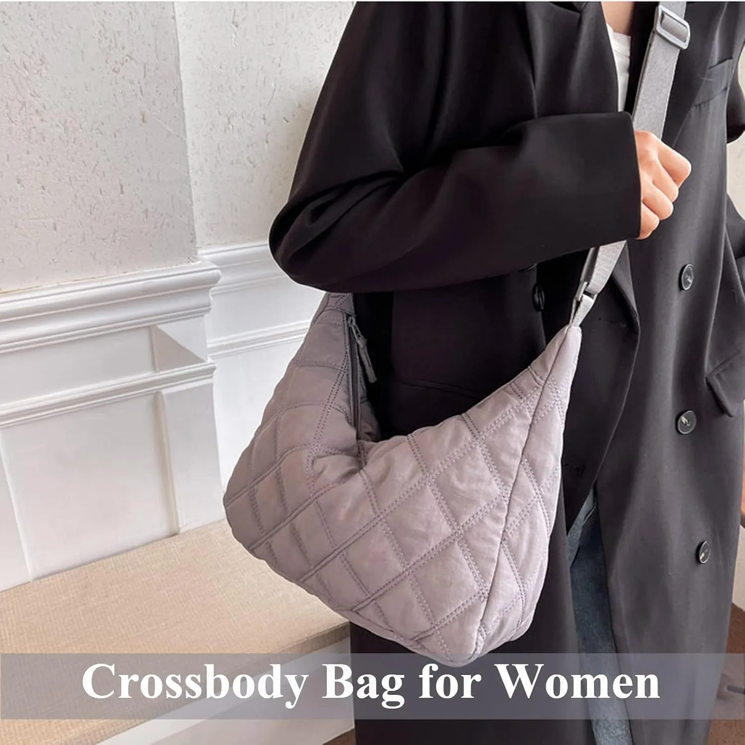 UERRUAM Puffer Tote Bag for Women Quilted Crossbody Bag Crescent Nylon Shoulder Bag Hobo Bag with Zipper