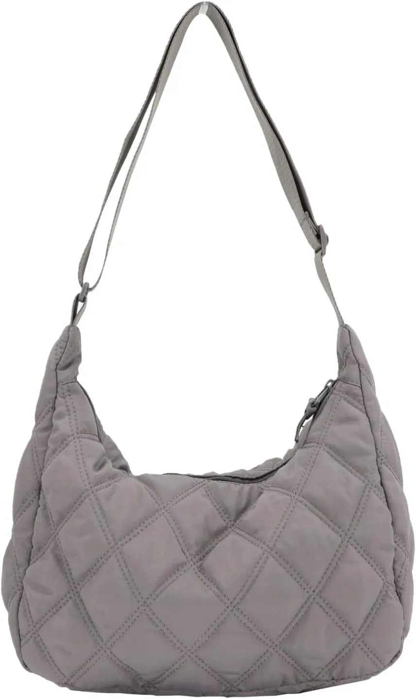 UERRUAM Puffer Tote Bag for Women Quilted Crossbody Bag Crescent Nylon Shoulder Bag Hobo Bag with Zipper