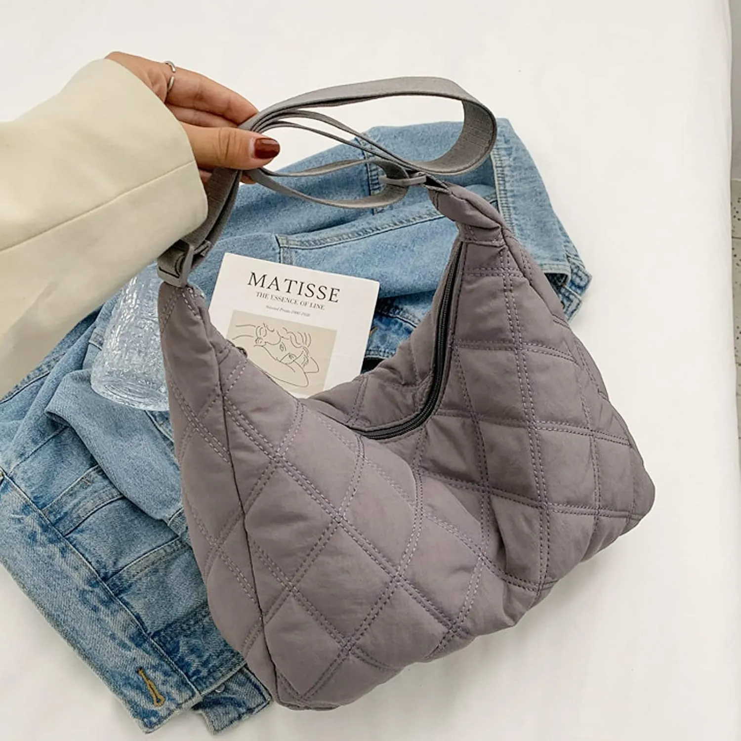 UERRUAM Puffer Tote Bag for Women Quilted Crossbody Bag Crescent Nylon Shoulder Bag Hobo Bag with Zipper