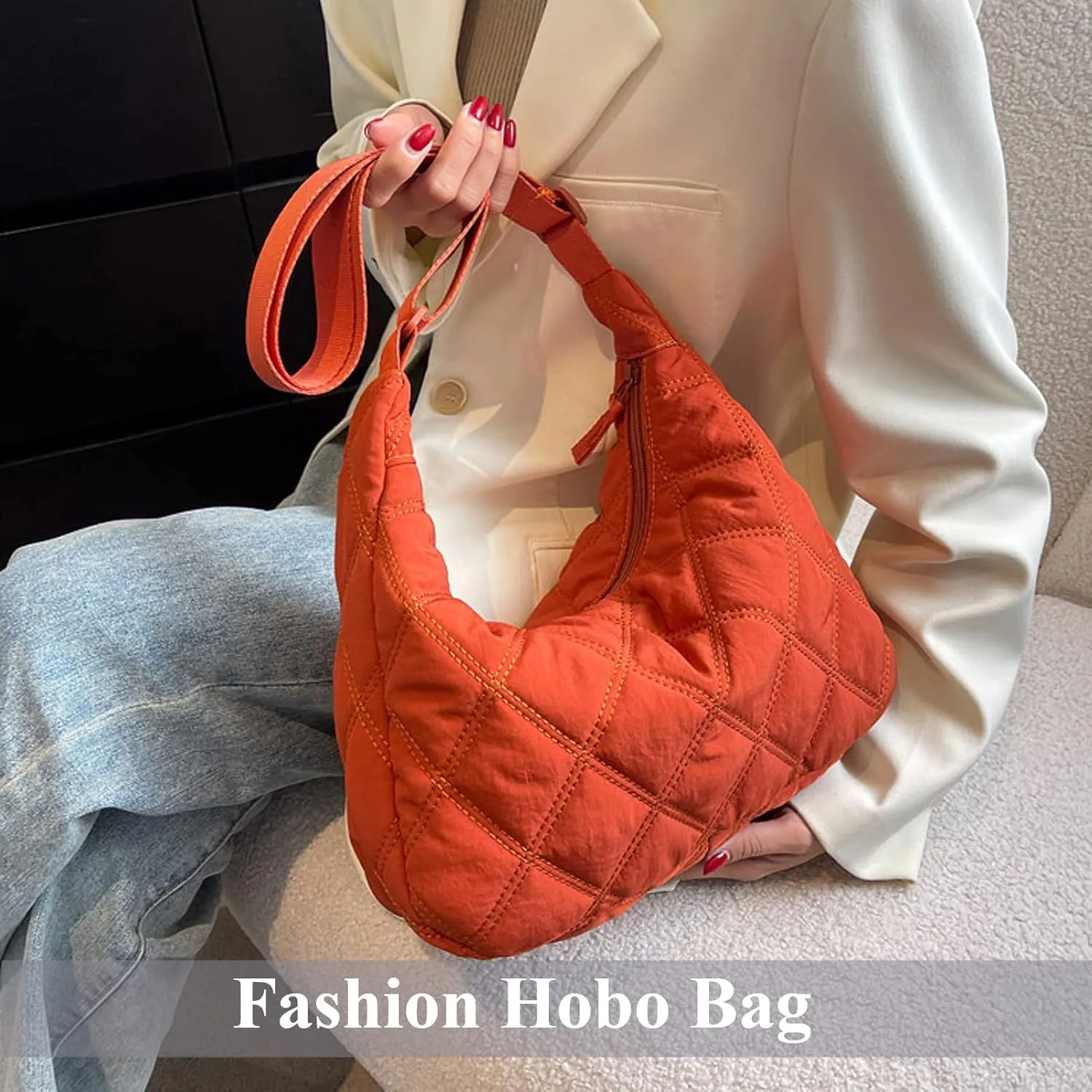 UERRUAM Puffer Tote Bag for Women Quilted Crossbody Bag Crescent Nylon Shoulder Bag Hobo Bag with Zipper