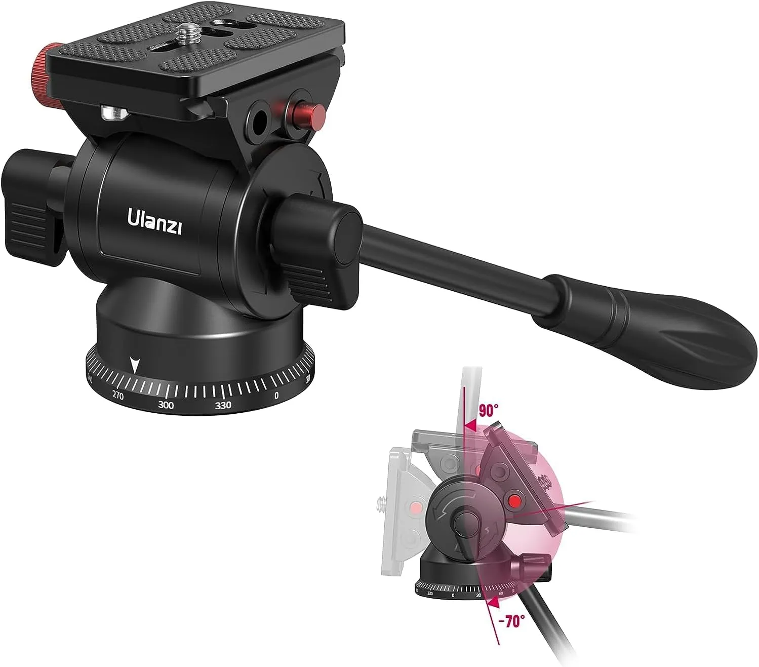 ULANZI U210 Tripod Fluid Head, Mini Pan Tilt Head w Handle,Built-in 1/4'' & 3/8'' Adapter, Panoramic Ball Head w Arca Swiss Quick Release Plate Lightweight for Compact Camera Load up to 11.02 lb/5kg