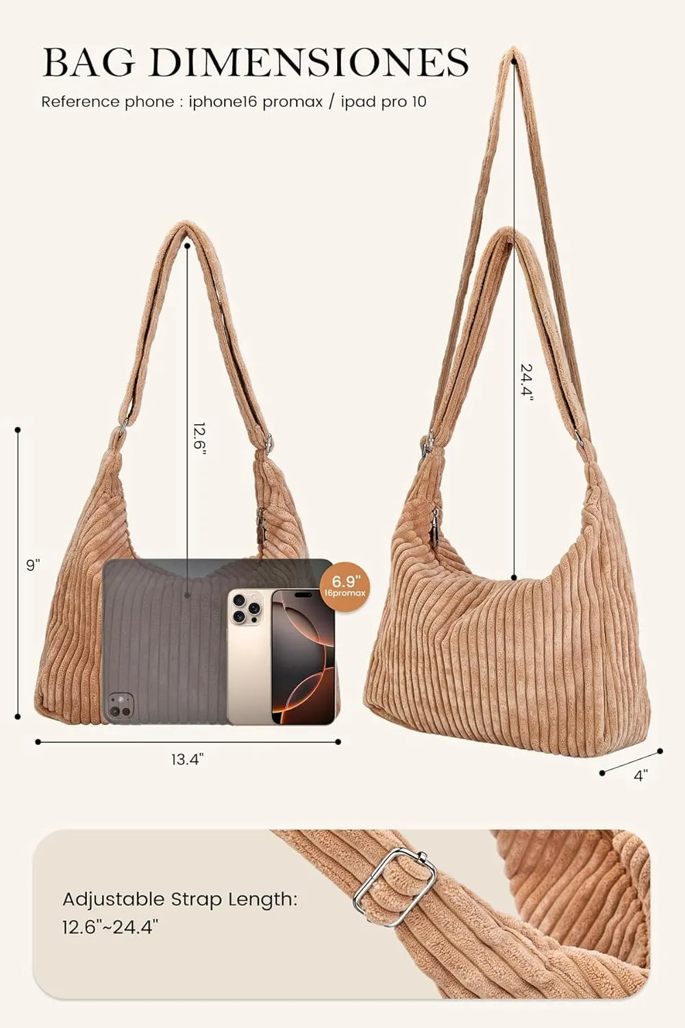 Ulisty Women Corduroy Hobo Bag Adjustable Strap Shoulder Bag Crossbody Bag Casual Purse Tote Bag Handbag