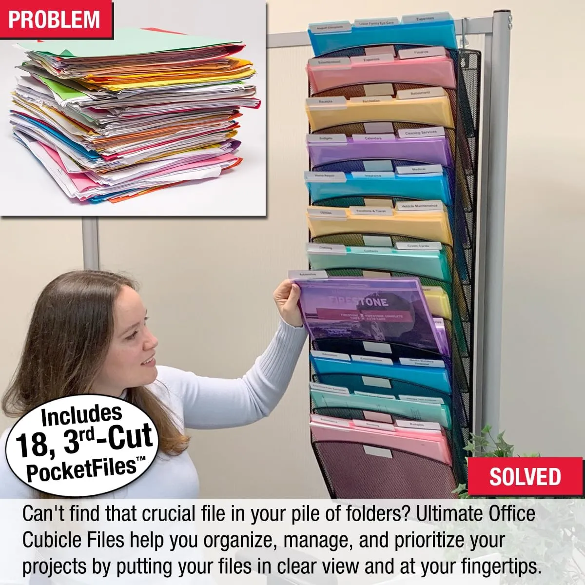 Ultimate Office Mesh Wall File Organizer Cubicle File Folder Holder Over the Panel Partition Display Rack. 12 Tier High-Capacity Includes 18, 3rd Cut PocketFile Document Folder Pockets