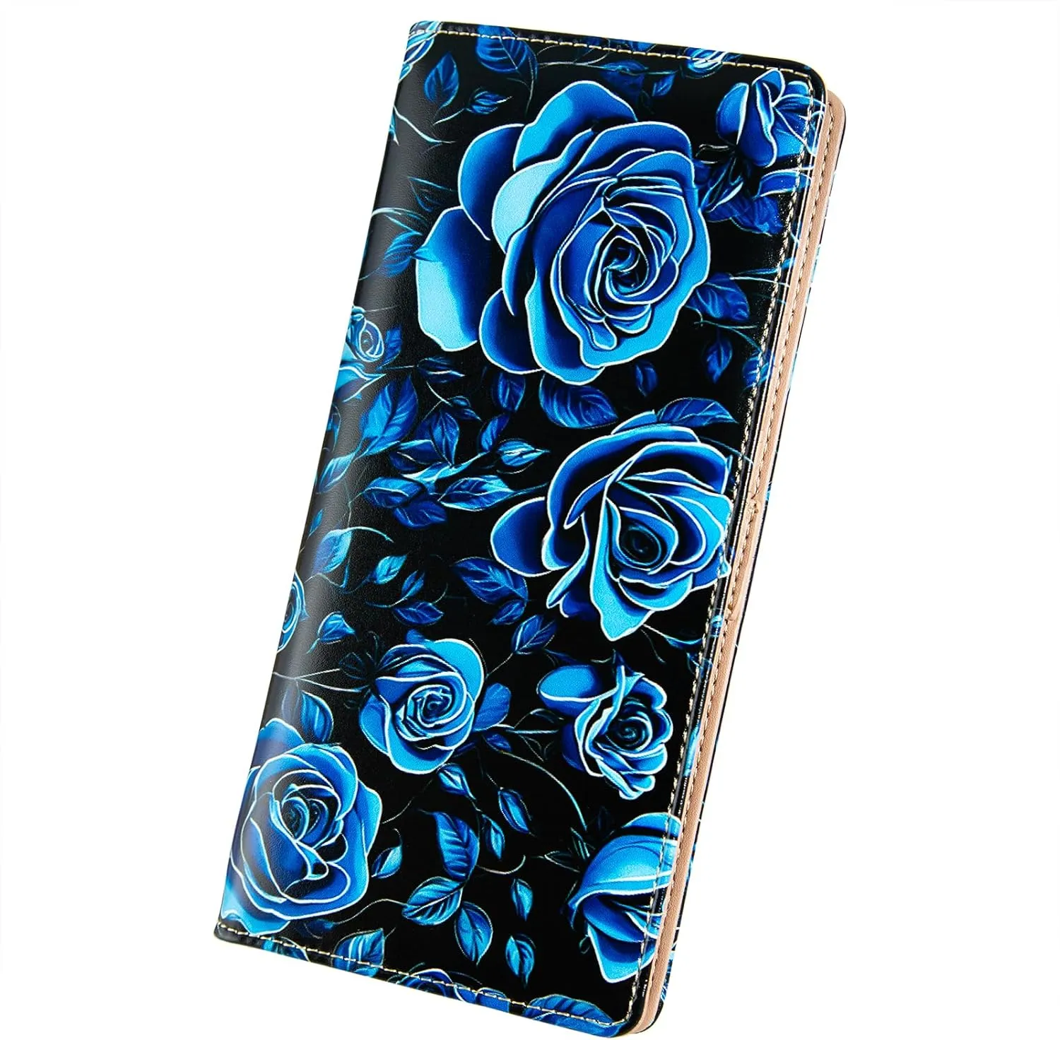 Ultra Slim Thin Leather Women Wallet Rfid Blocking Credit Card Holder Bifold Clutch (Blue Rose)