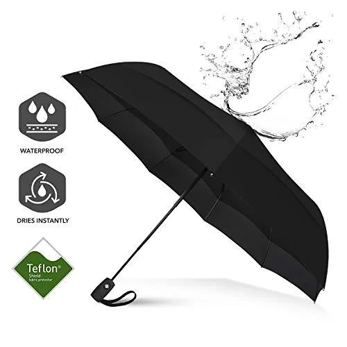 Umbrella Windproof Repel Double Vented Travel Umbrella with Teflon Coating (Black)
