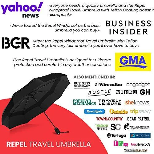 Umbrella Windproof Repel Double Vented Travel Umbrella with Teflon Coating (Black)