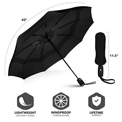 Umbrella Windproof Repel Double Vented Travel Umbrella with Teflon Coating (Black)