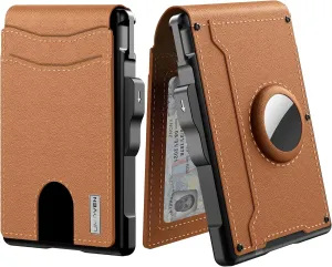 umoven AirTag Wallet for Men - with Pop Up Aluminum Case Money Clip Slim Leather Slots Credit Card Holder RFID Blocking Bifold Minimalist Wallet with Gift Box