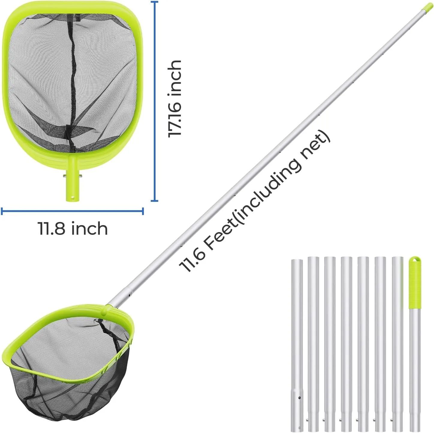 【Upgrade】 Pool Net Total Length 11.6 Feet, Swimming Pool Skimmer Net with 8 Section Telescopic Aluminum Pole for Fast Cleaning Ponds, Hot Tub, and Spas, Pool Cleaner Supplies and Accessories