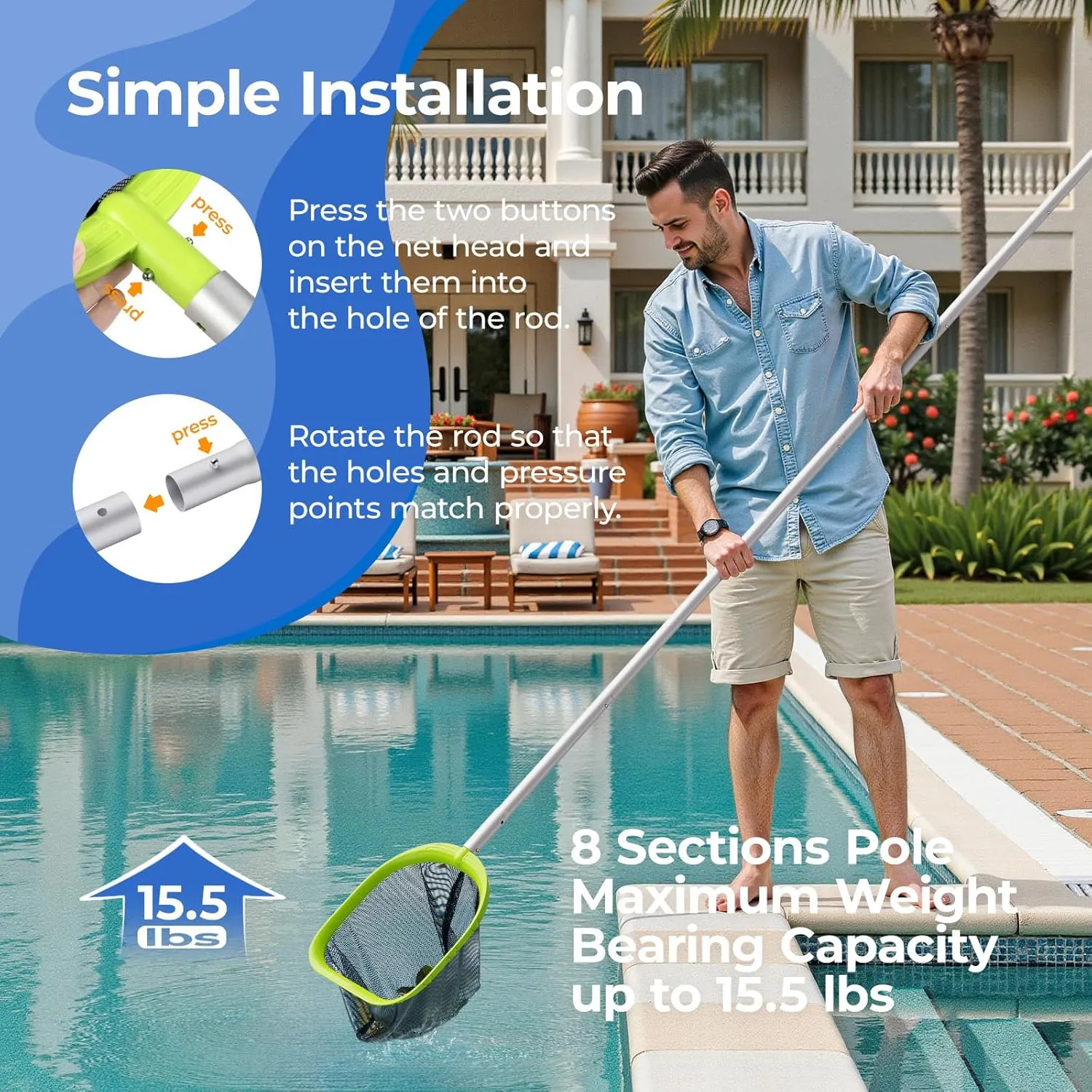 【Upgrade】 Pool Net Total Length 11.6 Feet, Swimming Pool Skimmer Net with 8 Section Telescopic Aluminum Pole for Fast Cleaning Ponds, Hot Tub, and Spas, Pool Cleaner Supplies and Accessories