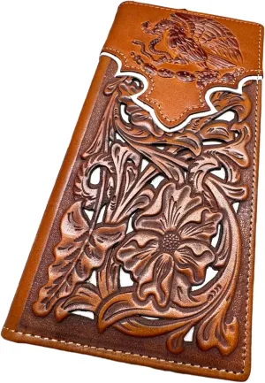 Urbalabs Mens Coat Of Arms Of Mexico Western Leather Long Wallet Floral Cutout Golden Eagle Snake Layered Checkbook Style Mens Wallets Leather Bull Rider Rodeo Gifts For Men (Brown & White)