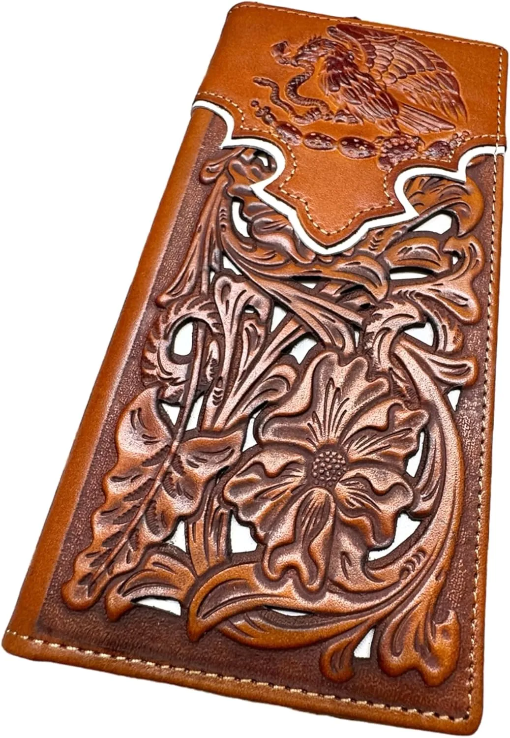 Urbalabs Mens Coat Of Arms Of Mexico Western Leather Long Wallet Floral Cutout Golden Eagle Snake Layered Checkbook Style Mens Wallets Leather Bull Rider Rodeo Gifts For Men (Brown & White)