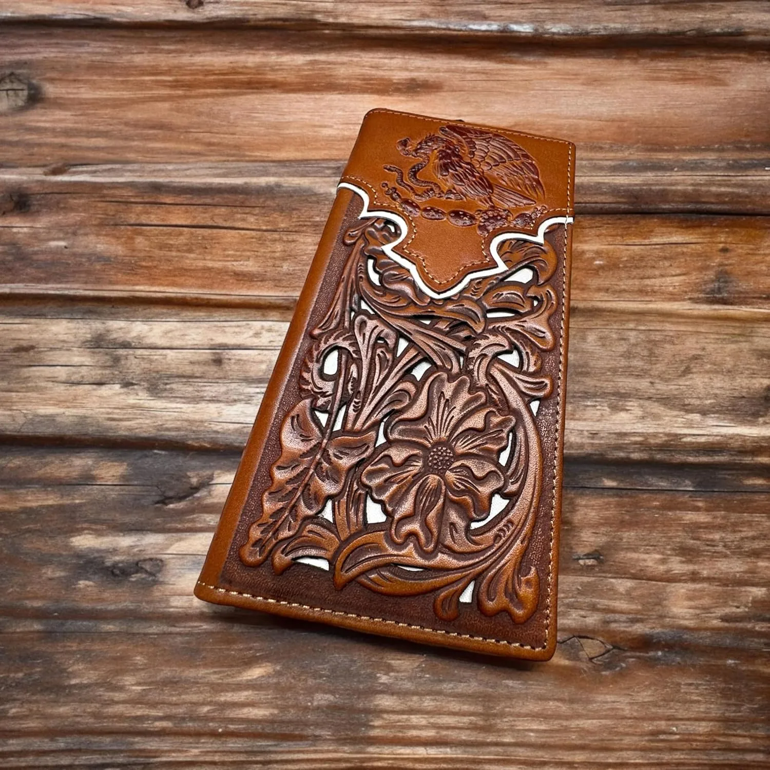 Urbalabs Mens Coat Of Arms Of Mexico Western Leather Long Wallet Floral Cutout Golden Eagle Snake Layered Checkbook Style Mens Wallets Leather Bull Rider Rodeo Gifts For Men (Brown & White)