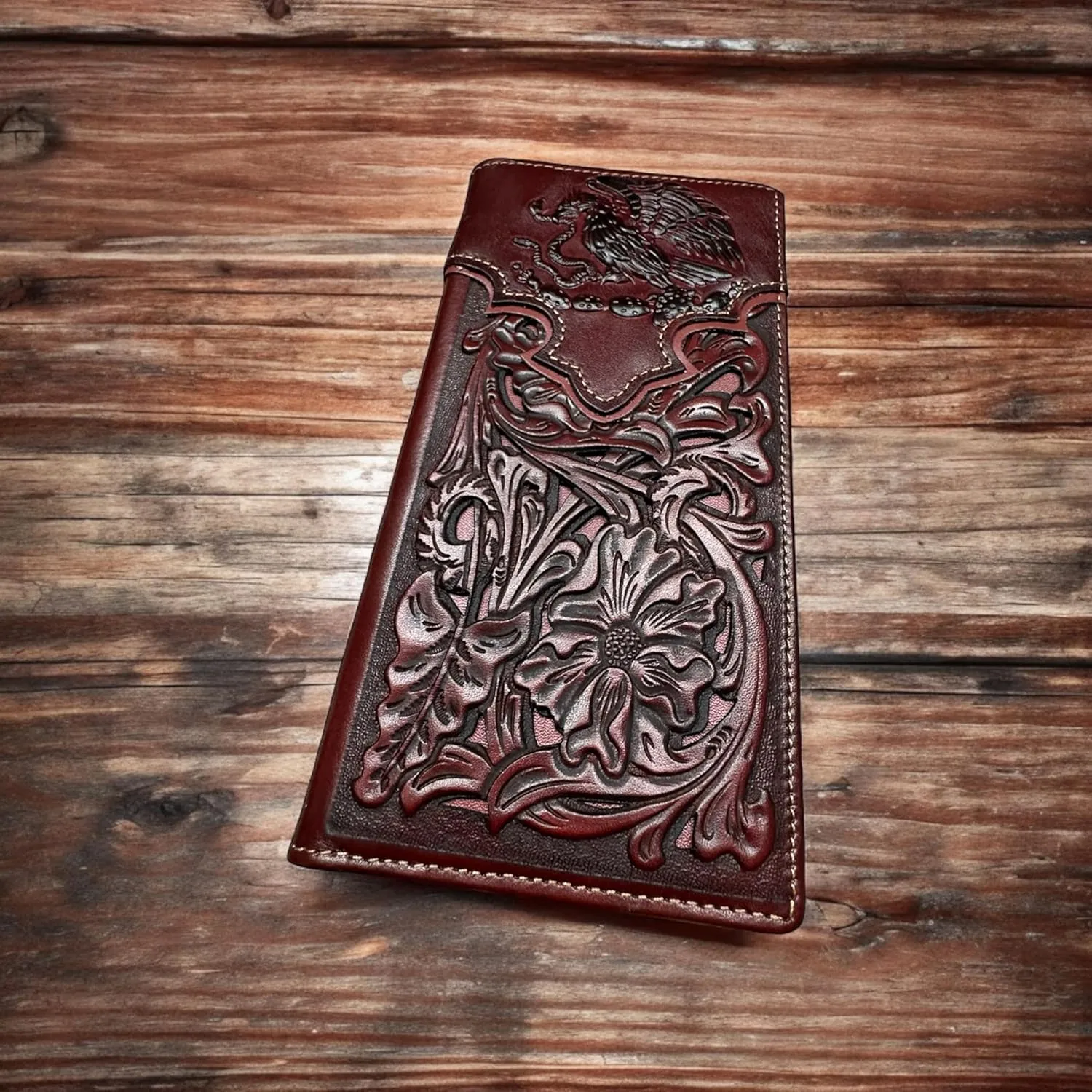 Urbalabs Mens Coat Of Arms Of Mexico Western Leather Long Wallet Floral Cutout Golden Eagle Snake Layered Checkbook Style Mens Wallets Leather Bull Rider Rodeo Gifts For Men (Coffee & Coffee)