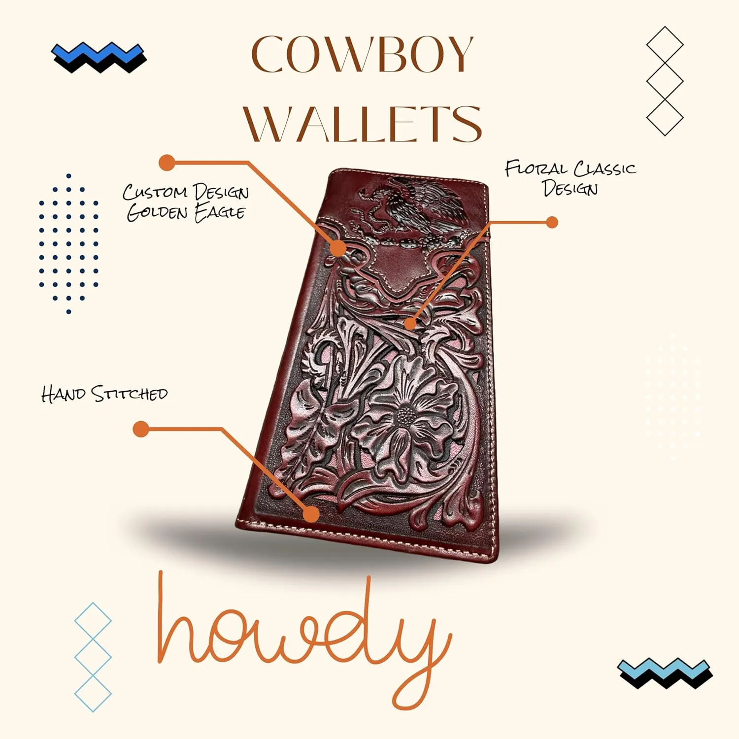 Urbalabs Mens Coat Of Arms Of Mexico Western Leather Long Wallet Floral Cutout Golden Eagle Snake Layered Checkbook Style Mens Wallets Leather Bull Rider Rodeo Gifts For Men (Coffee & Coffee)