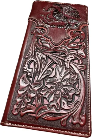 Urbalabs Mens Coat Of Arms Of Mexico Western Leather Long Wallet Floral Cutout Golden Eagle Snake Layered Checkbook Style Mens Wallets Leather Bull Rider Rodeo Gifts For Men (Coffee & Coffee)