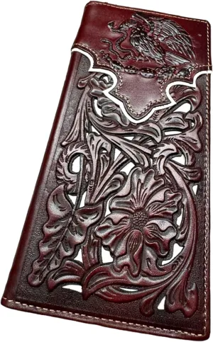 Urbalabs Mens Coat Of Arms Of Mexico Western Leather Long Wallet Floral Cutout Golden Eagle Snake Layered Checkbook Style Mens Wallets Leather Bull Rider Rodeo Gifts For Men (Coffee & White)