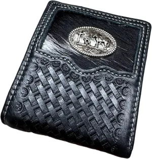 Urbalabs Mens Cow Hair Cowboy Cowboy Praying At Cross Basketweave Bifold Western Leather Wallet High End Hand Stitched Leather Style Mens Wallets Leather Bull Rider Rodeo Gifts For Men (Black)