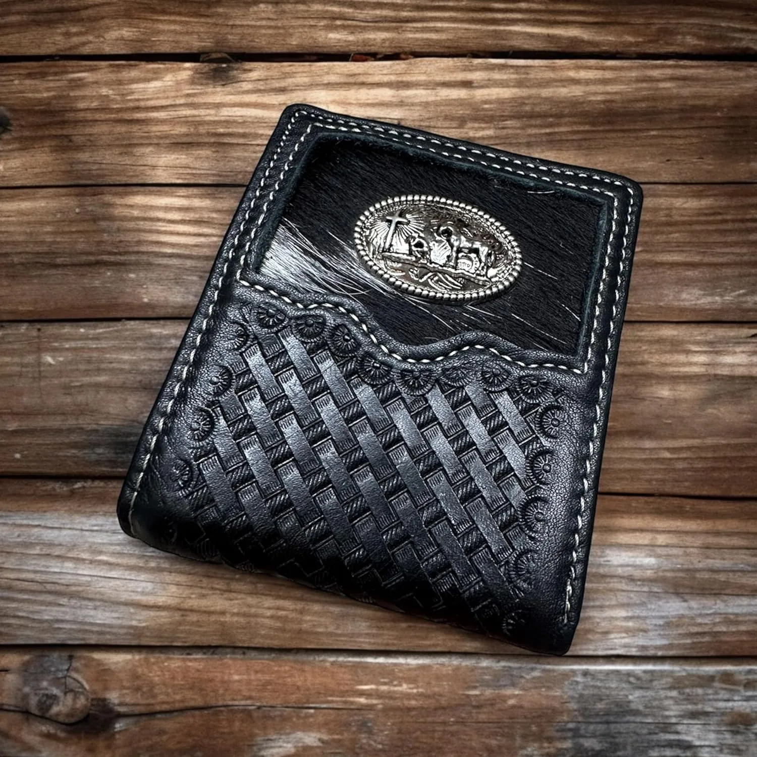 Urbalabs Mens Cow Hair Cowboy Cowboy Praying At Cross Basketweave Bifold Western Leather Wallet High End Hand Stitched Leather Style Mens Wallets Leather Bull Rider Rodeo Gifts For Men (Black)