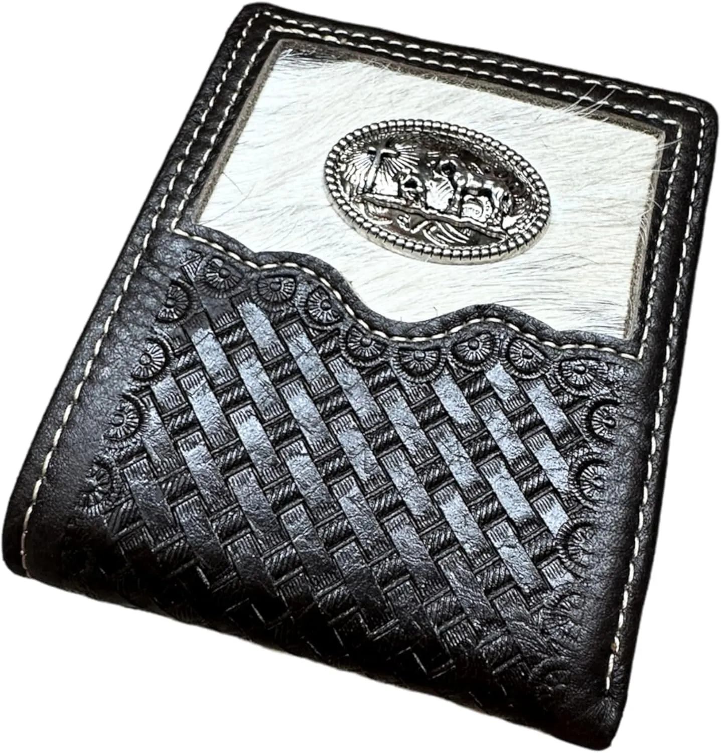 Urbalabs Mens Cow Hair Cowboy Cowboy Praying At Cross Basketweave Bifold Western Leather Wallet High End Hand Stitched Leather Style Mens Wallets Leather Bull Rider Rodeo Gifts For Men (Coffee)