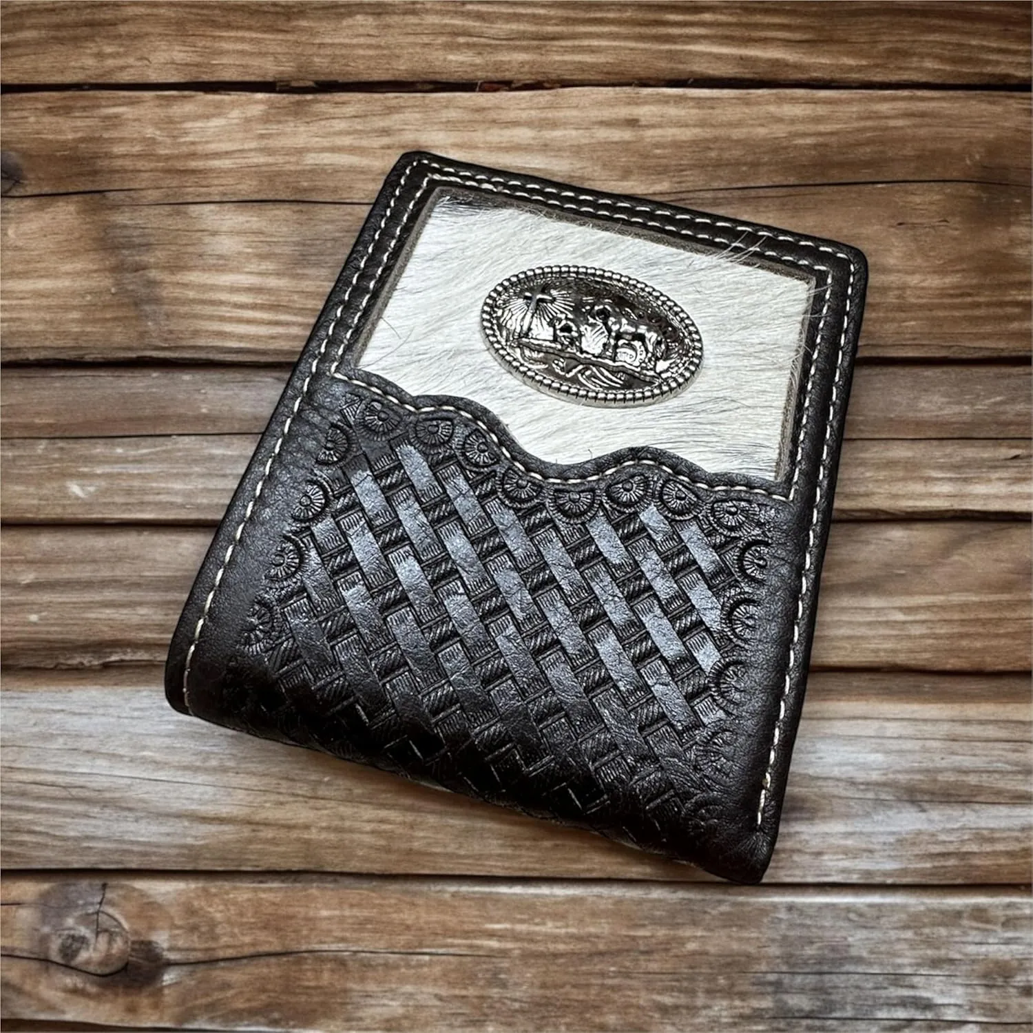 Urbalabs Mens Cow Hair Cowboy Cowboy Praying At Cross Basketweave Bifold Western Leather Wallet High End Hand Stitched Leather Style Mens Wallets Leather Bull Rider Rodeo Gifts For Men (Coffee)