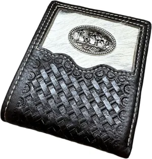 Urbalabs Mens Cow Hair Cowboy Cowboy Praying At Cross Basketweave Bifold Western Leather Wallet High End Hand Stitched Leather Style Mens Wallets Leather Bull Rider Rodeo Gifts For Men (Coffee)