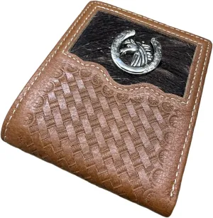 Urbalabs Mens Cow Hair Cowboy Horse and Horseshoe Basketweave Bifold Western Leather Wallet High End Hand Stitched Leather Style Mens Wallets Leather Bull Rider Rodeo Gifts For Men (Brown)